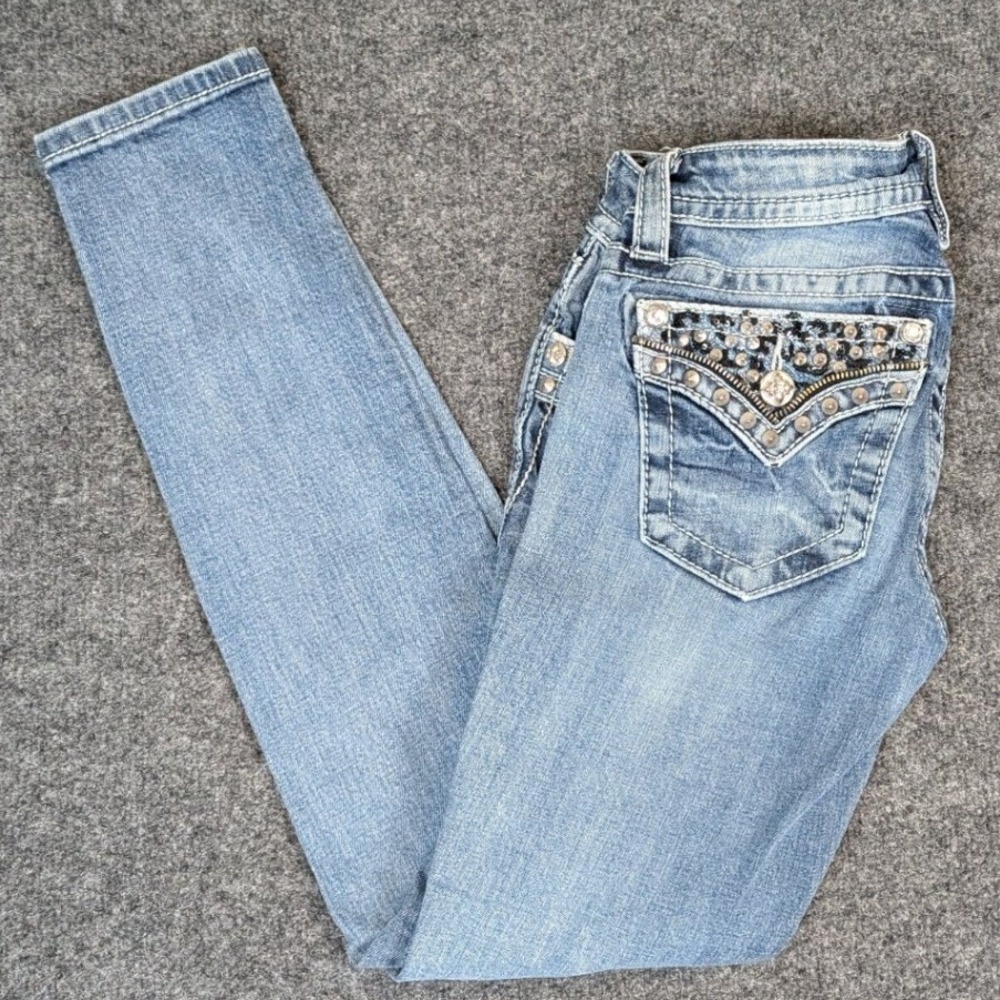Miss Me Signature Cuffed Skinny Jeans Womens 25 Blue Embellished Sequin Studded